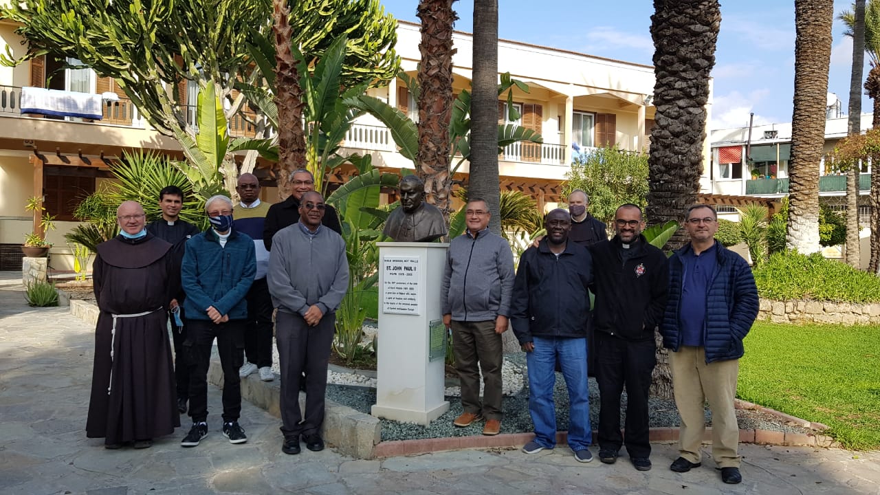 The Franciscan Friars of Nicosia next to the new bust of St John Paul II, which was revealed and blessed on 16th October 2020
