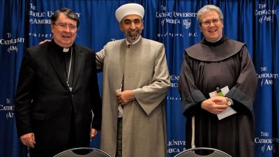  Father Custos (at right) the Apostolic Nuncio to the United States, Archbishop Christophe Pierre (at left) and (in center) Imam Mohamad Bashar Arafat