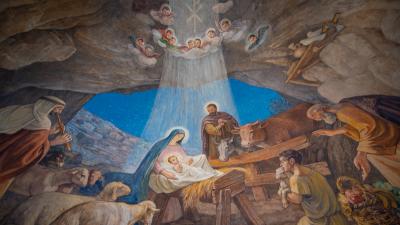 Painting in the chapel of Shepherd's Field in Bethlehem depicting the shepherds celebrating the birth of the Messiah (Ph. Nadim Asfour)