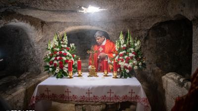 Fr. Ibrahim Faltas, Vicar of the Custody of the Holy Land, incenses the altar of the Grotto of the Holy Innocents